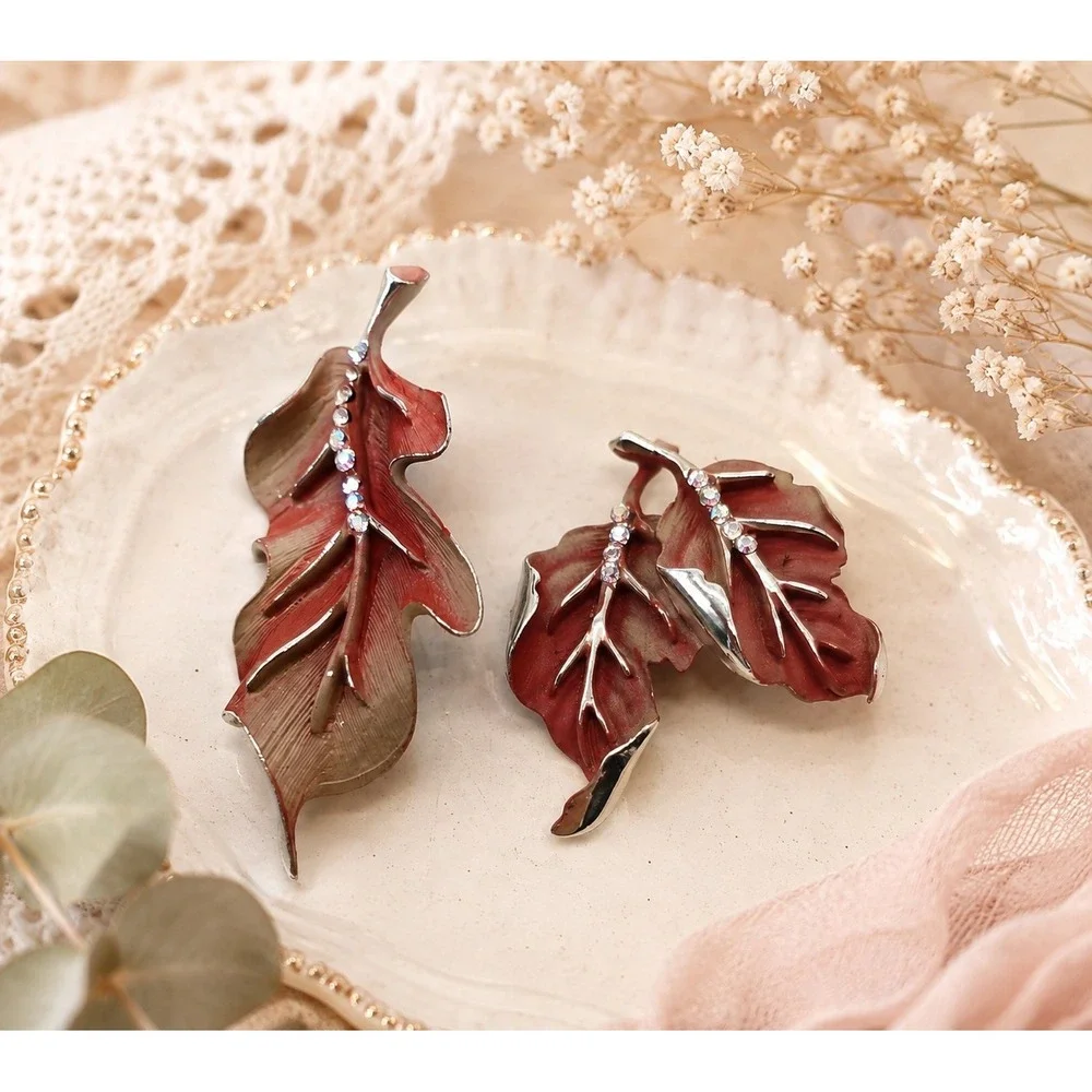 Vintage BSK Enamel Rhinestone Leaf Brooch Pins Set Burgundy Mid Century Fall